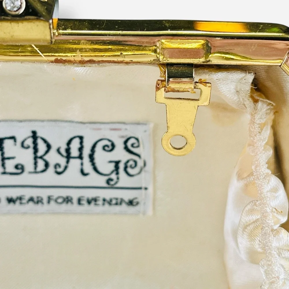 Vintage Nite Bags Gold Hard Shell Clutch Emerald Shape‎ Bar Rhinestone Clasp